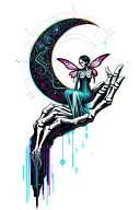 skeleton hand holding a crescent moon with a fairy sitting  tattoo design idea