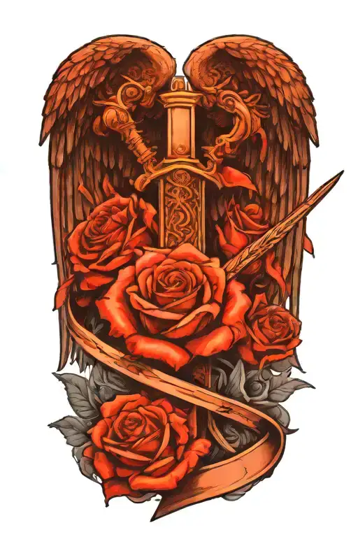 angel wings behind a sword, roses tattoo design idea