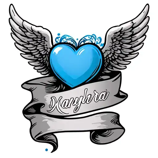 blue heart with angel wings and name banner wrapped tattoo design idea