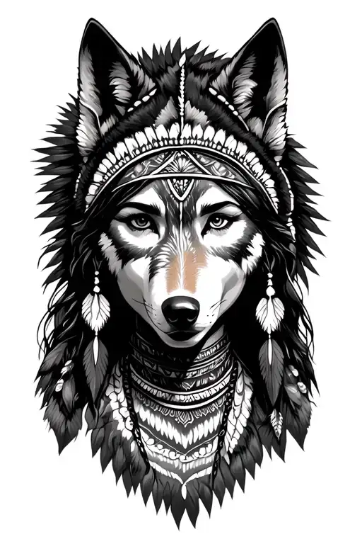 native American female with headless and wolf tattoo design idea