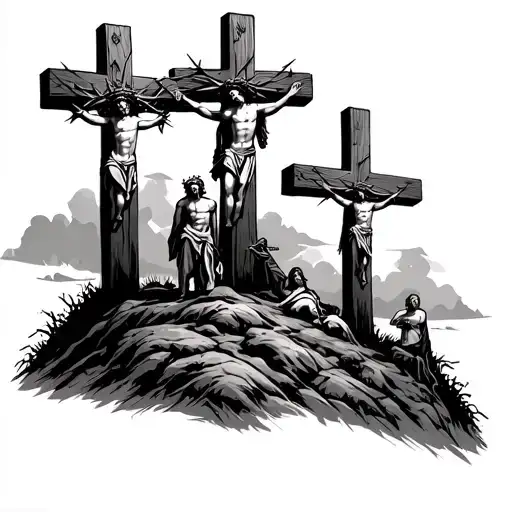 3 crosses on a hill with a crown of thorns on it with a solider at the foot of the cross depicting the bible where jesus tattoo design idea