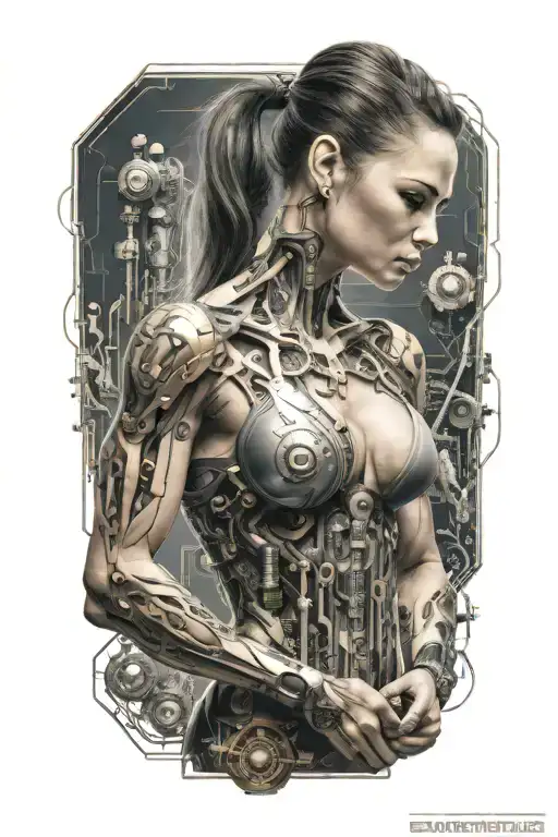 combine bodybuilding women flexing arm with technology circuits tattoo design idea