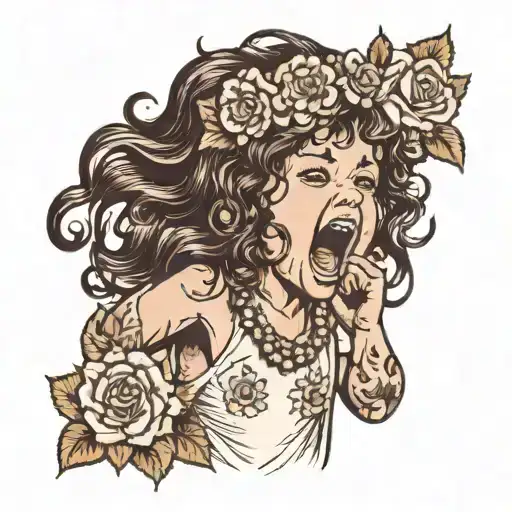 Little girl yelling with raised fist and wild curly dark hair and flower headress tattoo design idea