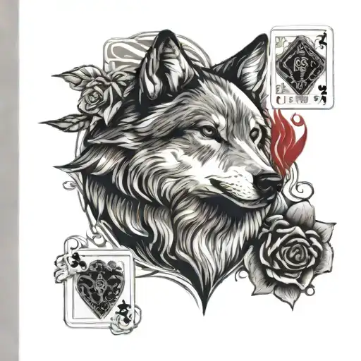 wolf with 2 and 7 playing cards then red roses background and fire tattoo design idea