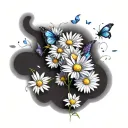 White daisy flowers, blue cosmos flowers, and a purple butterfly tattoo design idea