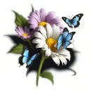 White daisy flowers, blue cosmos flowers, and a purple butterfly tattoo design idea