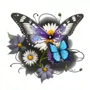 White daisy flowers, blue cosmos flowers, and a purple butterfly tattoo design idea