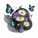 White daisy flowers, blue cosmos flowers, and a purple butterfly tattoo design idea