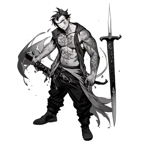 Black white anime guy stands with a knife tattoo design idea