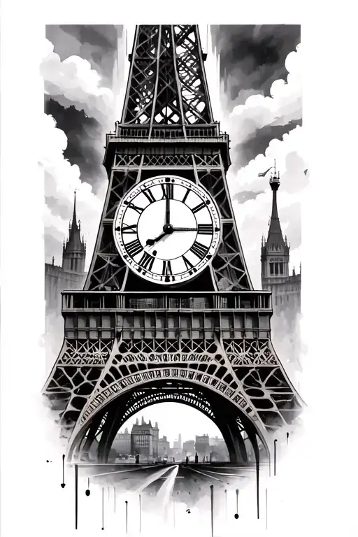 eiffel tower with berlin wall and big ben clock face tattoo design idea