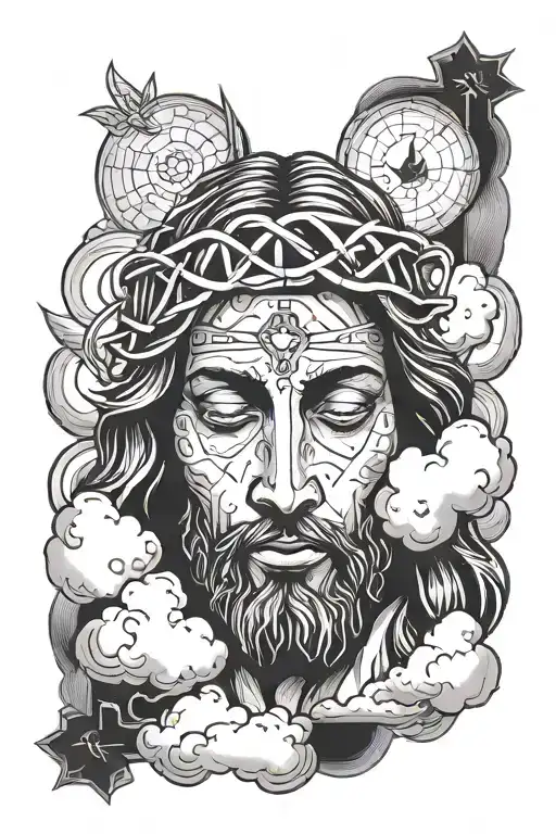  face of jesus surrounded by clouds tattoo design idea