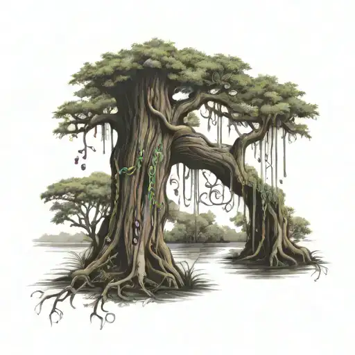 typical bayou  oak tree with spanish moss and mardi gras beads tattoo design idea