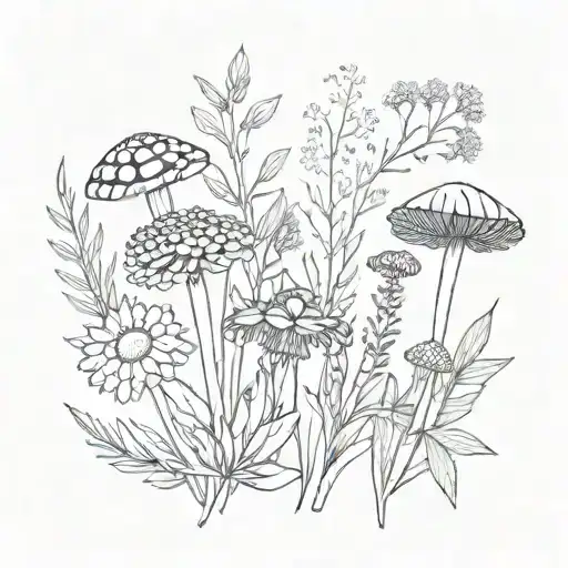 lavender, rosemary, eucalyptus, calendula, dandelion, snow drops, mushrooms tattoo design idea