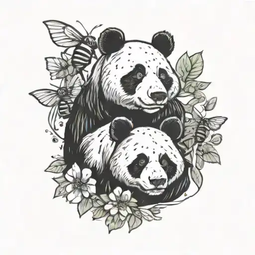 one half head of panda bear and second half grizzly bear with bees around tattoo design idea