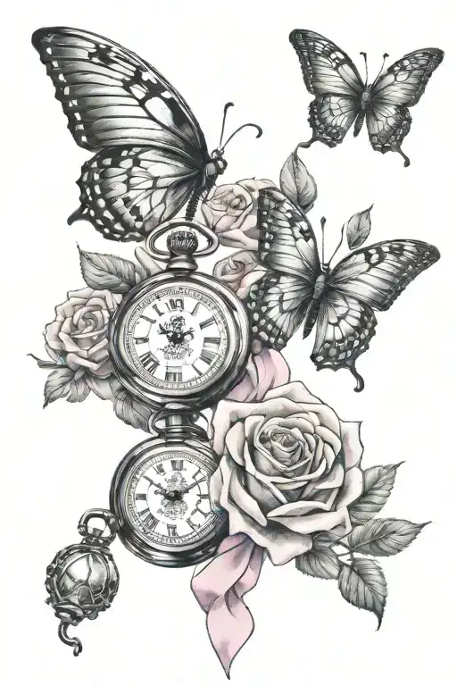 2 pocket watches with roses and a blue and pink infant loss ribbon with a butterfly tattoo design idea