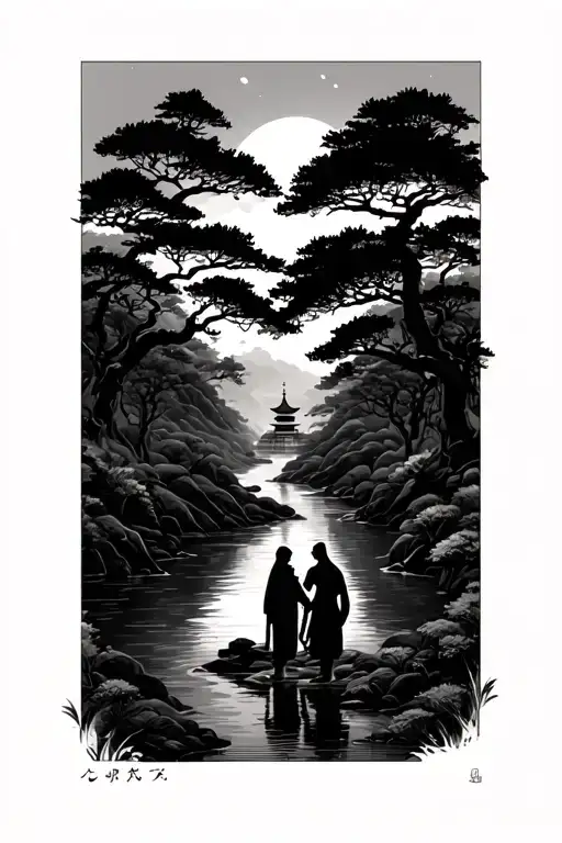 japanese style landscape,winding river lined with trees, temple in the background, father son and wife by the river tattoo design idea