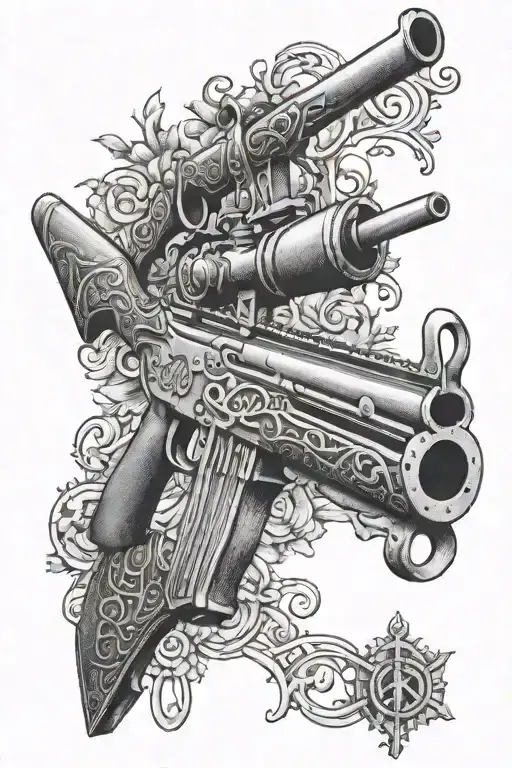 An intricate dotwork tattoo of a hunting rifle intertwined with a mechanic's wrench, symbolizing the client's passion for both hunting and mechanics tattoo design idea