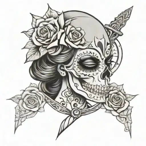 day of dead woman crying with flower a dagger and sugar skull and clock  tattoo design idea