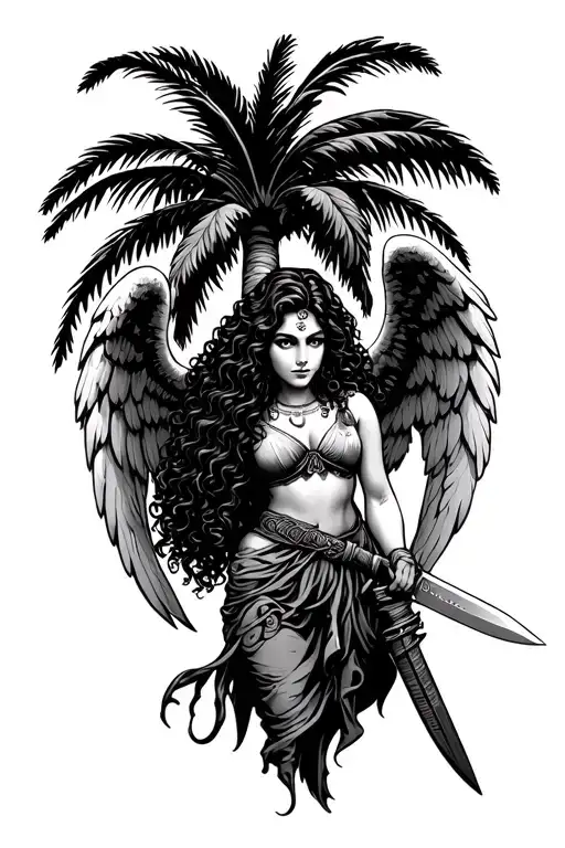 female Latina guardian angel with curly hair  holding a long machete under a palm tree tattoo design idea