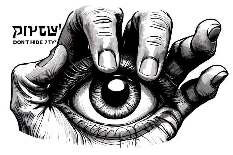  "don't hide" written in Greek. the text will underline an evil eye that is peering between the fingers of a hand  tattoo design idea