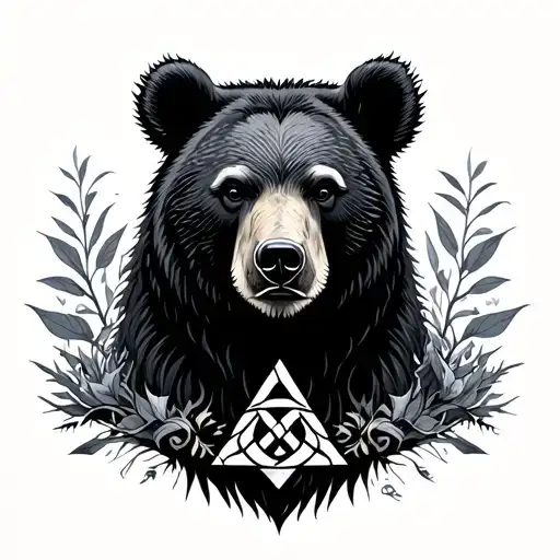 feminine theme with Norwegian Valhalla Valknut symbol integrated with shamanic elements of nature -  black bear, sunflow tattoo design idea