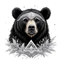 feminine theme with Norwegian Valhalla Valknut symbol integrated with shamanic elements of nature -  black bear, sunflow tattoo design idea