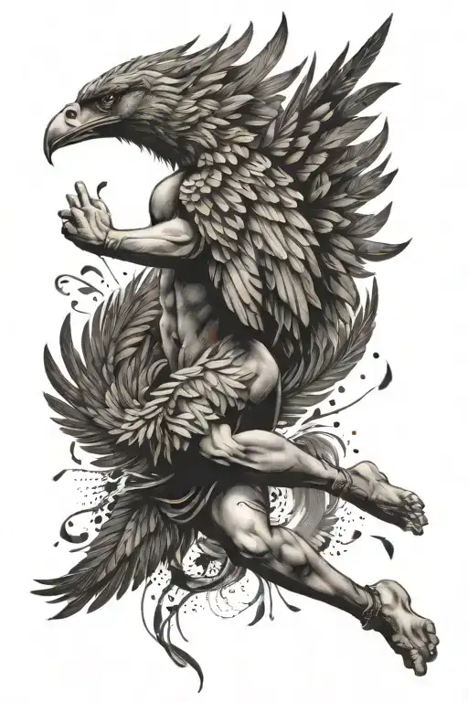 falling icarus falling from the sky lots of loose feathers with sun above him including patterned dots fading in and out tattoo design idea