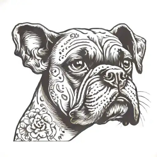 black and white tattoo boxer dog face tattoo design idea