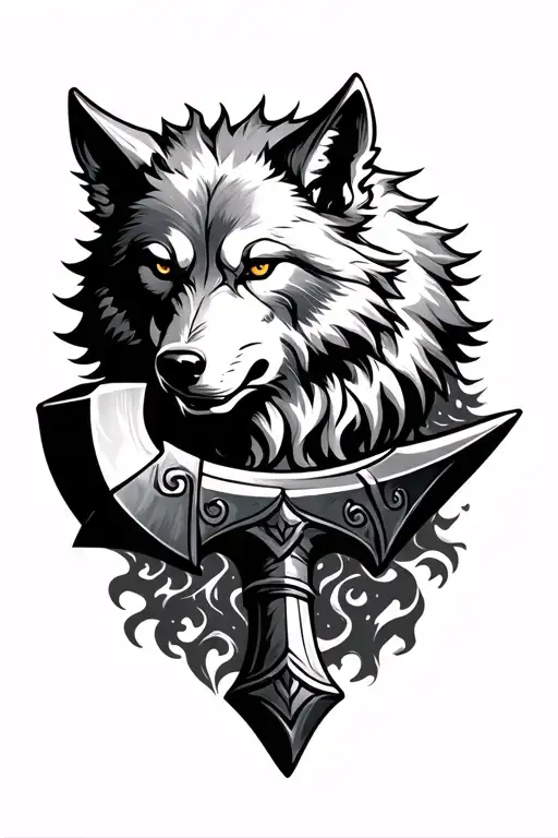 Wolf viking anvil hammer gothic sea waves fire night tattoo design idea
