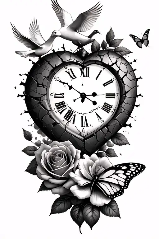 A cracked heart-shaped clock with a dove at the top left and a butterfly near the right, surrounded by a rose and cloud  tattoo design idea