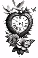 A cracked heart-shaped clock with a dove at the top left and a butterfly near the right, surrounded by a rose and cloud  tattoo design idea