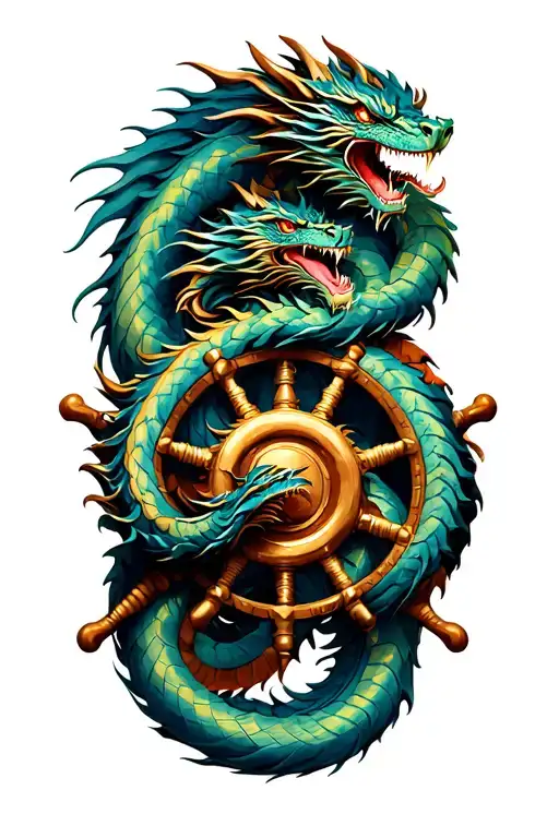 3 dragons wrapped around ship wheel intertwined tattoo design idea