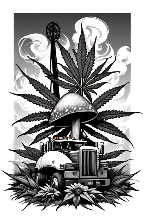 ,weed smoke,mushrooms,oilfield, diesel truck details intertwined tattoo design idea