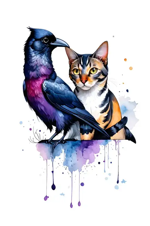 cat and crow Halloween themed tattoo tattoo design idea
