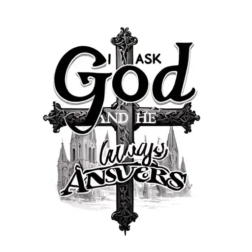 cross with filagree font saying "i ask god, and he always answers" with cathedral background tattoo design idea