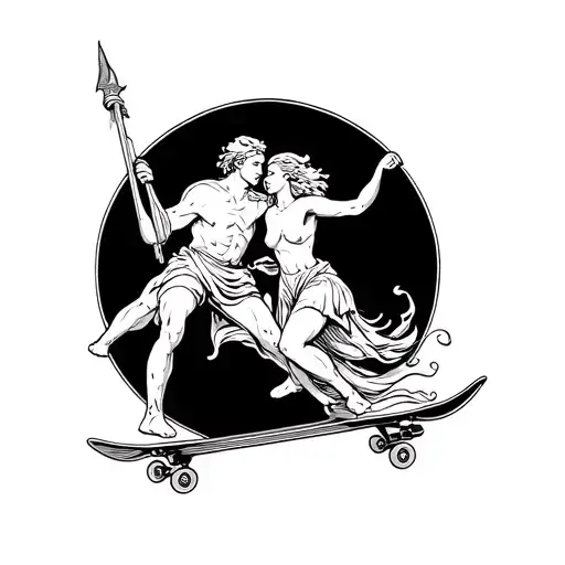 Irish legends cu chulainn and Brigid on a skateboarding session tattoo design idea