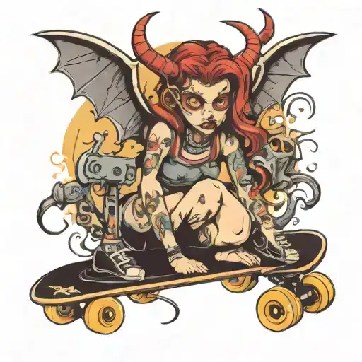 demon old school skateboard girl tattoo design idea