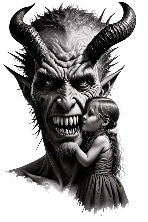 Male demon with medium sized horns on his head, sharp teeth, dark scary eyes, spikes on body, comforting little girl tattoo design idea