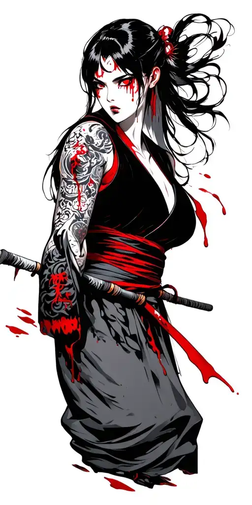 Japanese themed martial arts warrior, with hot babe blood red eyes in combat hot clothes with blood dripping tattoo design idea