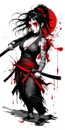 Japanese themed martial arts warrior, with hot babe blood red eyes in combat hot clothes with blood dripping tattoo design idea