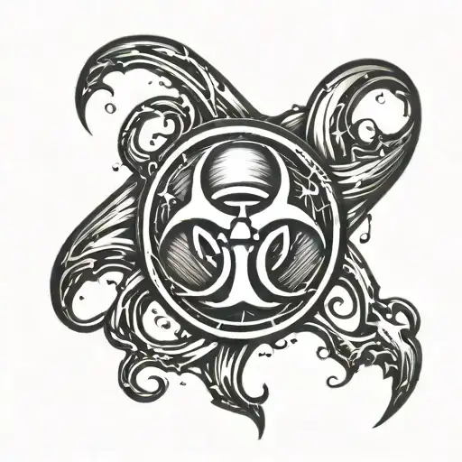 A biohazard symbol between the shoulder blades an some things creative around it tattoo design idea
