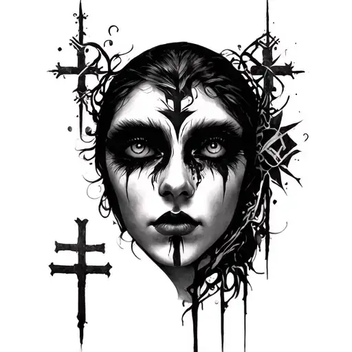 Final Tattoo Design ConceptMain Elements:🖤 Face:Cross marks on the eyes → Symbolizing blindness to people's fake na tattoo design idea
