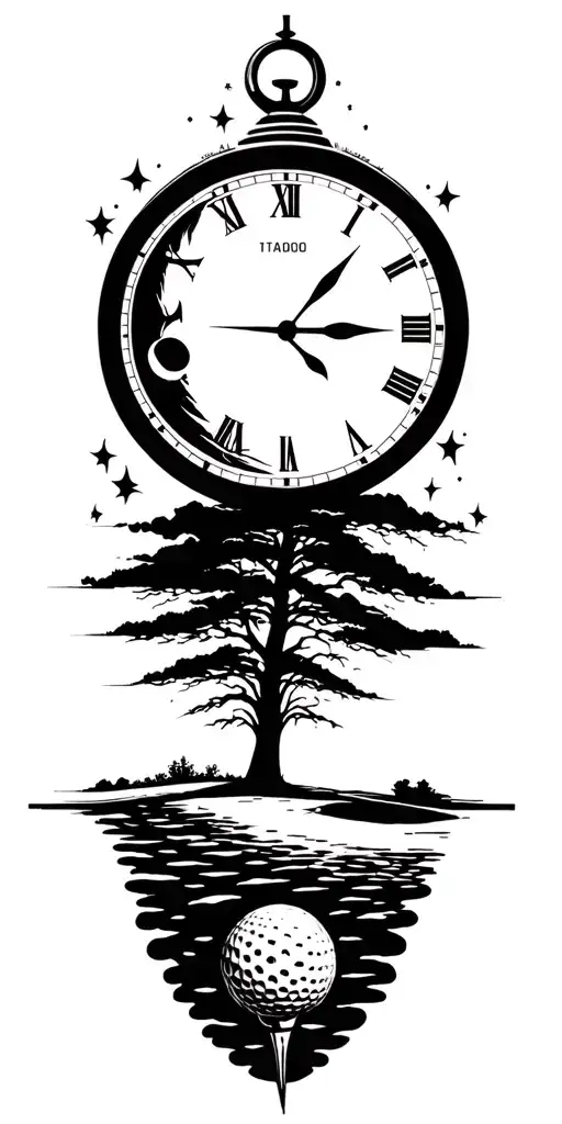 lightining storm and moon and clock and nature and golf course tattoo design idea