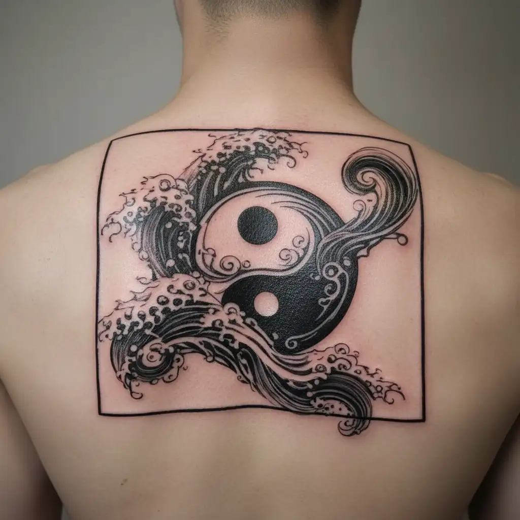 The white yin-yang symbolizes the solid and loyal figure of the waves, while the black represents the wise and generous mountains. tattoo design idea