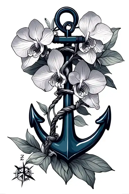 navy anchor with orchids and compass tattoo design idea