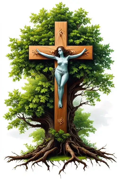 feminine cross growing out of tree tattoo design idea