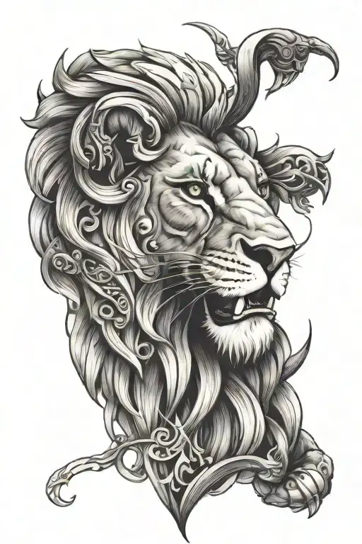 a full sleeve tattoo with a jingle theme with a lions head with brown eyes  tattoo design idea