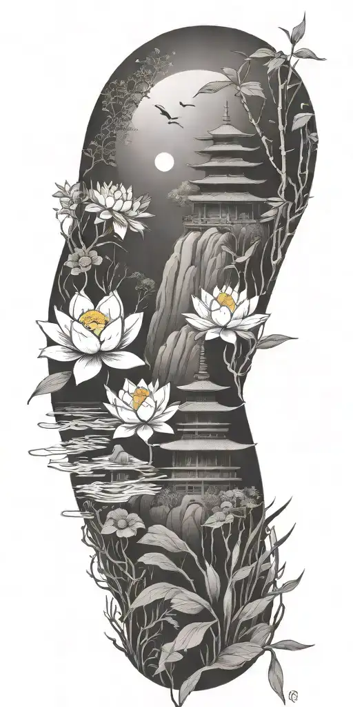buddhist inpired tattoo with scenary of nature, bamboo, water, and with lotus, koi fish, small budda and spiritual stuff tattoo design idea