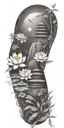 buddhist inpired tattoo with scenary of nature, bamboo, water, and with lotus, koi fish, small budda and spiritual stuff tattoo design idea