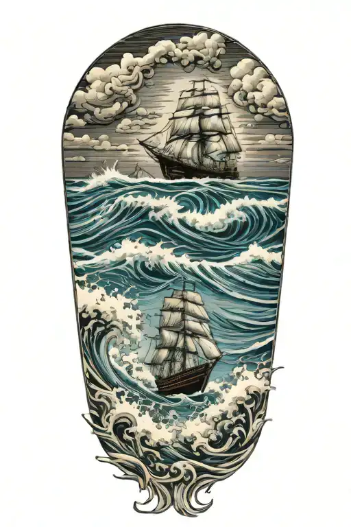 Ocean waves with ship sailing through stormy tattoo design idea
